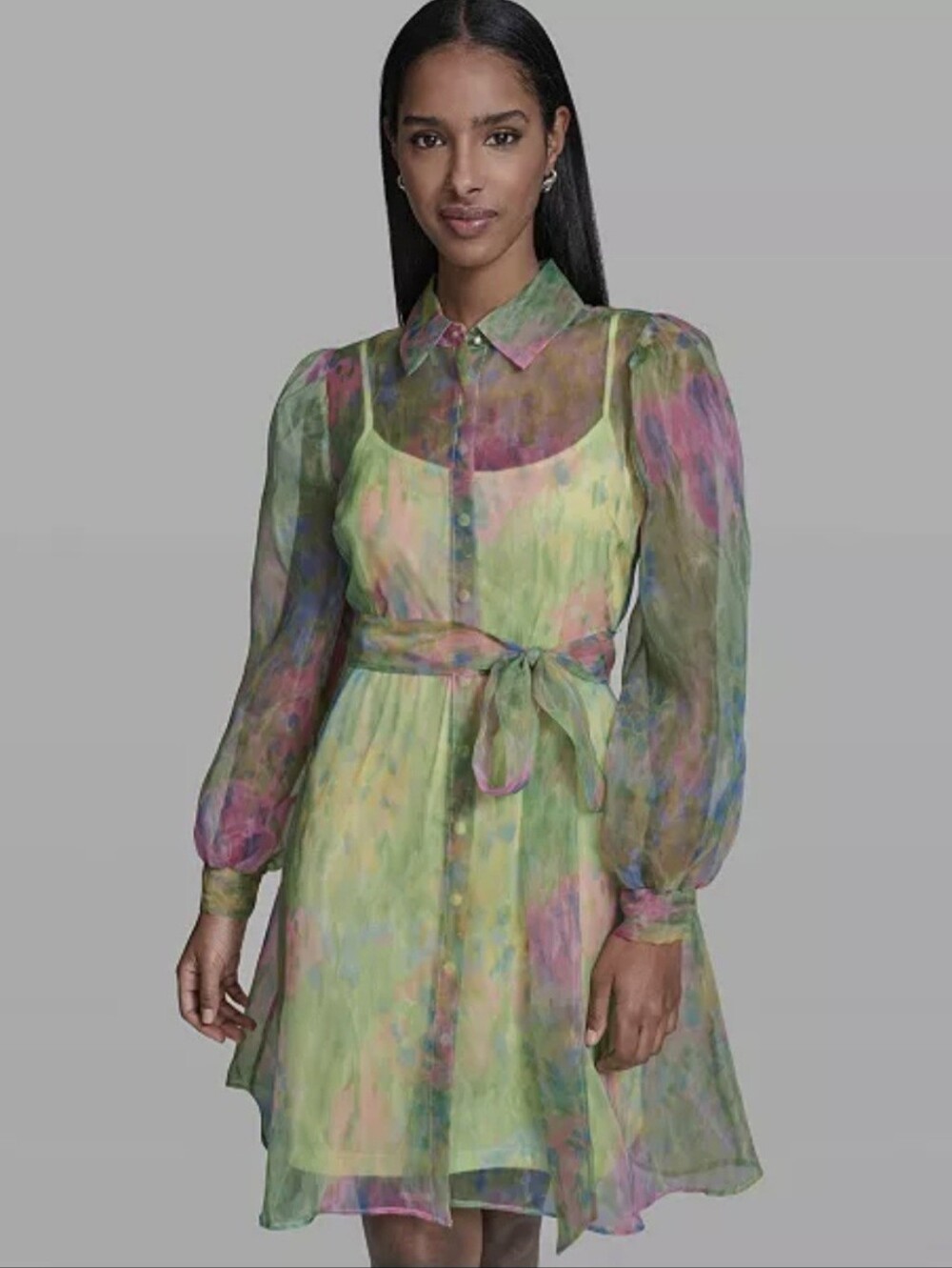 Karl Lagerfeld Womens Printed Puff Slevee Dress  Tea Green Tie-Waist Size 10 NWT